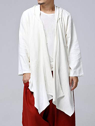 LifeHe Men\'s Cotton Linen Hooded Kimono Cardigan Curved Hem Jacket Coat (White, One Size) - Thumbnail 5