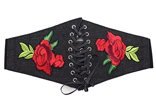 Women Fashion Black Denim Fabric Elastic Wide Corset Belt High Waist Red Flower Fit S M2