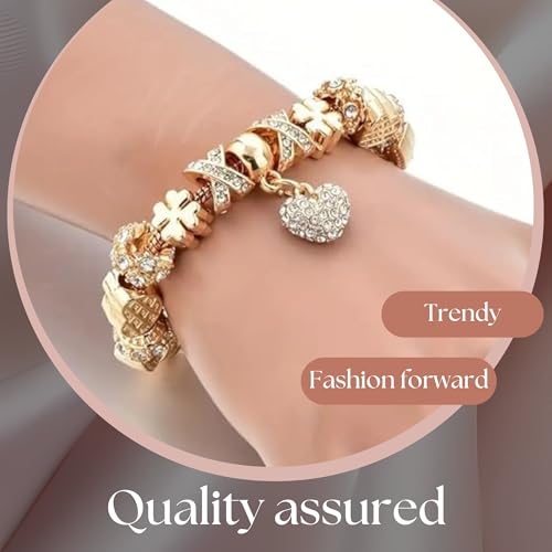18K Gold-Plated Charm Bead Bracelet with Rhinestone Hearts - Lucky Clover & Adjustable Chain – DIY Zinc Alloy Tribal Ethnic Style – Exquisite Box & Pouch4