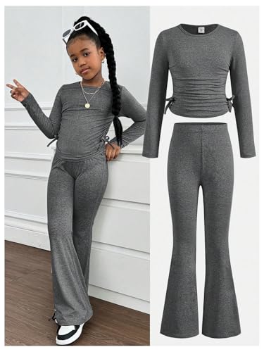 Image of Floerns Girl's Two Piece Outfit Bowknot Knit Tee Shirt with Flare Leg Pants Set