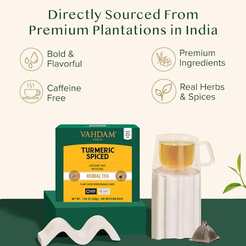 VAHDAM, Turmeric Spice Herbal Tea Bags (100 Pyramid Tea Bags) | Caffeine Free, Non GMO & Gluten Free | Turmeric Ginger Tisane with Cardamom, Cinnamon, Lemongrass & Black Pepper