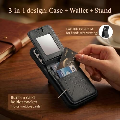 Image of amazon basics Premium Vegan Leather Back Cover with Card Holder and Integrated Mobile Stand for Samsung Galaxy S26 5G - Slim Shockproof Wallet Case with Geometric Stitching [Black]