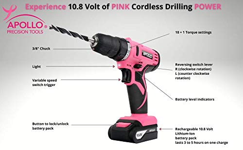 APOLLO TOOLS Powerful Lightweight Pink Cordless Drill, Lithium Ion Battery with 30-Piece Accessory Drill Bit Set - Pink Ribbon - DT4937P