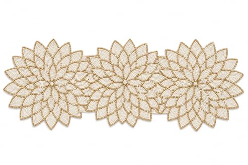 Image of Beautiful Pearl Cream Gold Beaded Table Runner Craftsmanship, Pack of 1 (13 x 36 Inches) - Multi-Flower Colorful Festival Table Runner for Thanksgiving & Occasional Decoration