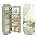 SONGMICS Portagioie a LED, montaggio a parete o porta, con serratura e specchio ampio arrotondato, con contenitore, specchio interno, 9,9 x 42,5 x 107 cm, superficie verde alloro con fodera bianca immagine