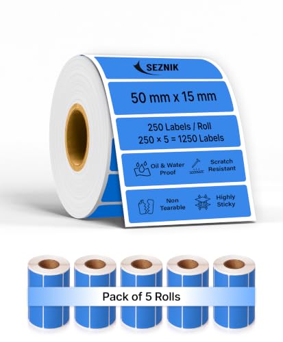 Image of SEZNIK Waterproof, Non-Tearable, Long Lasting Print, Sticky Thermal Lables, Label Roll, 2 inch Adhesive Thermal Labels for Label Printers (50mmx15mm) - 1250 Lables, Royal Blue