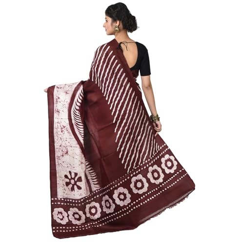Image of 3stones Women's Mulberry Silk Saree | Printed Handwoven, Hand Batik Pure Saree with Unstiched Blouse Material Piece | Suitable for All Indian Weddings & Festivals | Traditional flower Prints