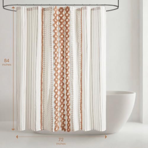 Image of INK+IVY Imani Tufted Chenille 100% Cotton Shower Curtain Boho Bath Curtains for Bathroom, Colorful Stripes Modern Farmhouse Shower Curtain, Bathtub Privacy Screen,Machine Washable 72 inch x 84 inch, Rose Clay