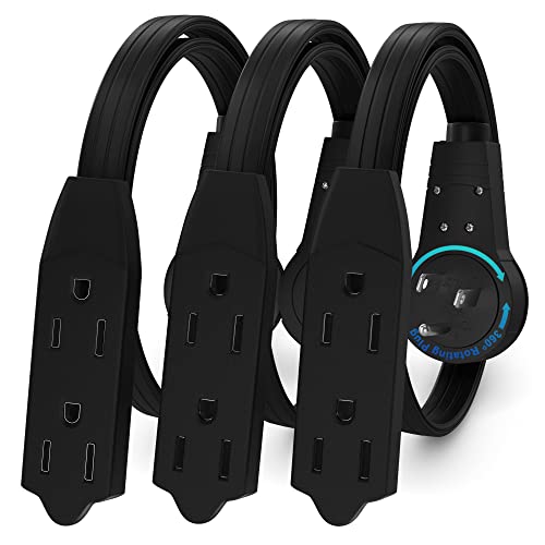 Maximm Cable 1 Ft 360° Rotating Flat Plug Extension Cord/Wire, 16 AWG Multi 3 Outlet Extension Wire, 3 Prong Grounded Wire - Black - 3 Pack - UL Certified