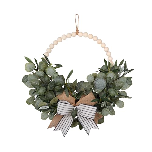 24' Beaded Eucalyptus Wreath with Bow - Boho Eucalyptus Leaves Wreath for Front Door - Spring Wreath, Wood Bead Wreath, Year Round Wreath, Boho Decor, Eucalyptus Decor, Green Home Decor - 24 inches