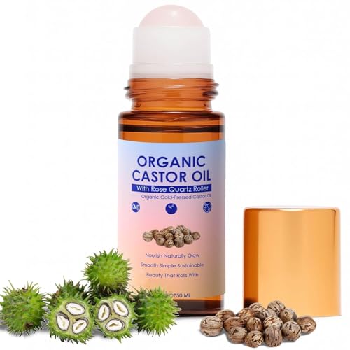Organic Castor Oil Rose Quartz Roller Ball Organic Castor Oil Roll On Organic Castor Oils with Rose Quartz Roller Cold-Pressed for Face and Body Hair Eyebrows Moisturize Skin