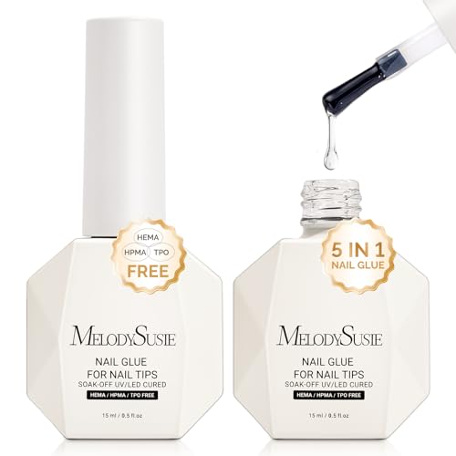 MelodySusie 3Free 5 in 1 Nail Glue Gel for False Nail Tips NO Hema HPMA TPO Super Sticky and Strong Adhesion Rhinestone Blooming Gel Base Coat UV Lamp Curing Needed 2 Pcs 15ml