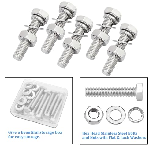 Image of 10 Sets 1 /4-20 x 1-1 /2 inch Stainless Steel Hex Head Screws Bolts, Flat, Nuts & Lock Washers,Hex Bolts 18-8(304) Full Thread