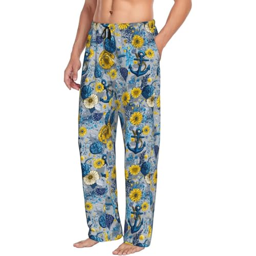 Mens Pajama Pants - Yellow Daisy Anchor Print Soft Sleep Lounge Pants For Men, Casual Pj Bottoms With Pockets