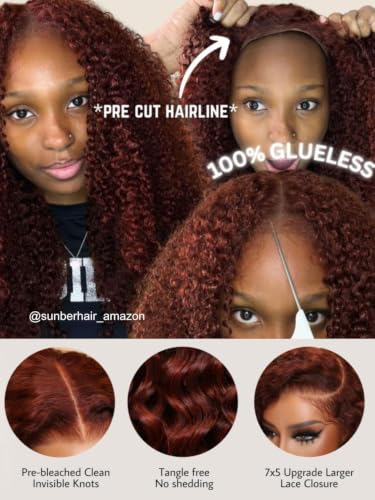 Image of 7x5 Curly Reddish Brown Glueless Wigs Human Hair Pre Plucked Pre Cut 20 inch
