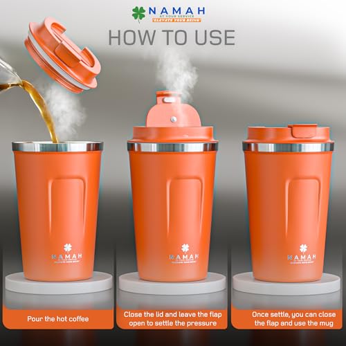 Image of Namah Insulated Coffee Travel Mug 380 ml with Lid, Leak Proof Stainless Steel Thermosteel Vacuum Insulated Mug, Hot & Cold Reusable Coffee Mug for Office, Car Cup Holder Friendly