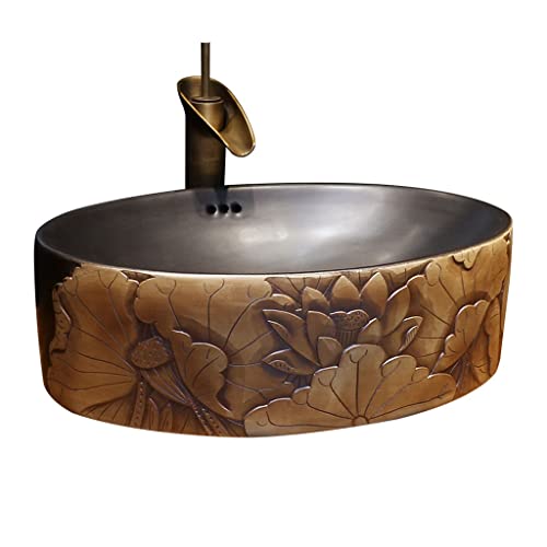 SAeWare Fregadero de baño de arte vintage para encimera, lavabo ovalado de cerámica, lavabo de tocador