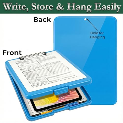 Image of Yajnas A4 Size Clipboard with Storage Box | 180 Foldable Exam Pad & Writing Board | Heavy Duty Plastic File Folder with Pen Holder & Paper Storage for Students, Office & Field Use (Light Blue)
