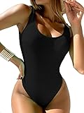 HYTENSUN Women's High Cut Low Back Ribbed One Piece Swimsuits Retro Solid Scoop Neck One Piece Bathing Suits Black