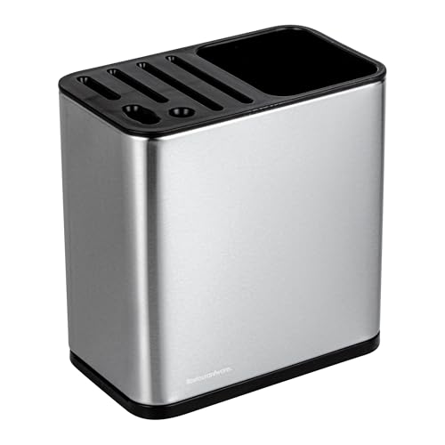 Restaurantware Met Lux 7.72 x 4.65 x 7.87 Inch Utensil Organizer, 1 Utensil Caddy With Weighted Base - Includes Knife Slots, With Drip Tray, Stainless Steel Holder, For Countertops