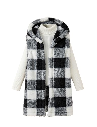 Girls Plaid Fleece Hoodie Vest Kids Long Winter Coats Sleeveless Outerwear