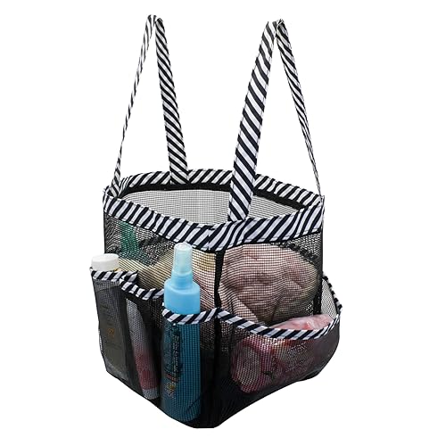 FuninCrea Duschtasche, Faltbare Tragbare Kulturtasche mit Griff Strandtasche aus Mesh mit 8 Fächern für Camping Heimaufbewahrung für Toilettenartikel Kleidung (Streifen)