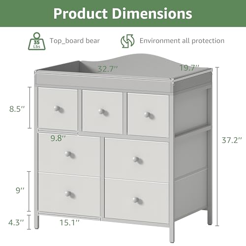 Image of BOLUO Changing Table Dresser with Storage, Baby Dresser with Changing Table Top Diaper Changing Station with 7 Fabric Drawers for Nursery Modern
