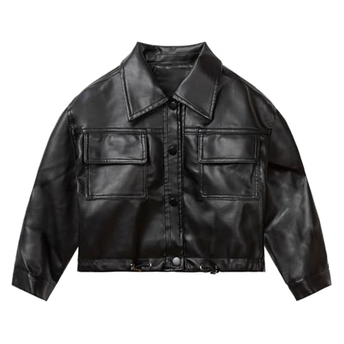 Mud Kingdom Baby Kids Leather Jacket with Snap Button Front & Pockets Soft Faux Leather Black 12 Months-18 Months