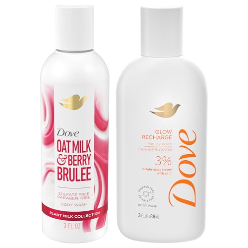 Dove Travel Essentials Body Wash Variety 2-Pack Exfoliating Glow Recharge with 3% Skin-Brightening Vitamin C Serum and Oat Milk & Berry Brle 3 Oz Ea
