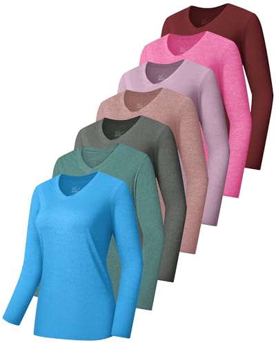 7 Pack Womens Long Sleeve Athletic Shirts UV Sun Protection UPF 50+ Quick Dry Workout Running Tops V Neck SetD M