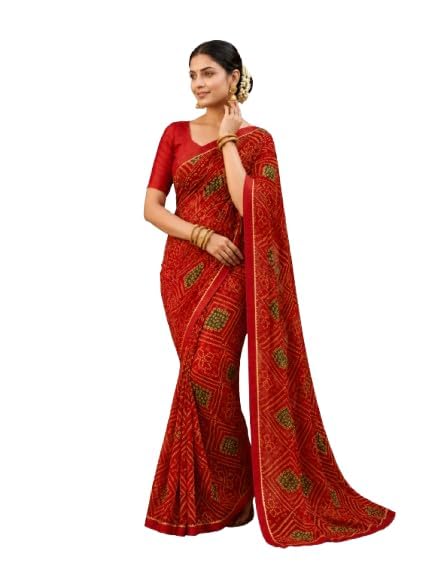 Traditional Women's Red Ethnic Printed Saree with Unstitched Blouse for Wedding and Festival Women Lightweight Daily Wear (Design 2)-image-0