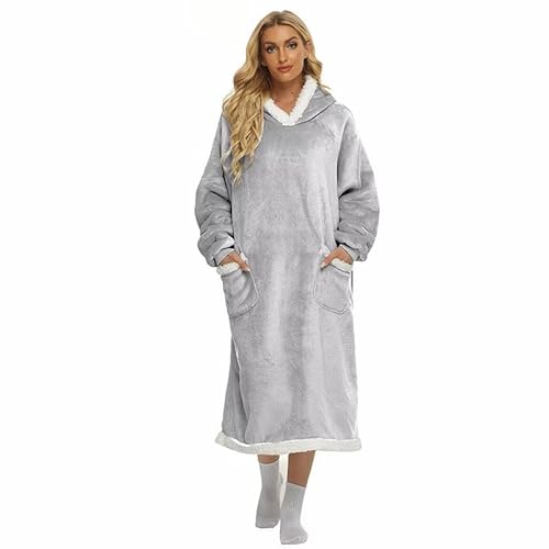 COTTEBED Sherpa Flannel Hoodie Wearable Blanket, Super Soft Warm Sweatshirt Blanket with Pocket and Sleeves for Women Men One Size Fits All(Light Grey)