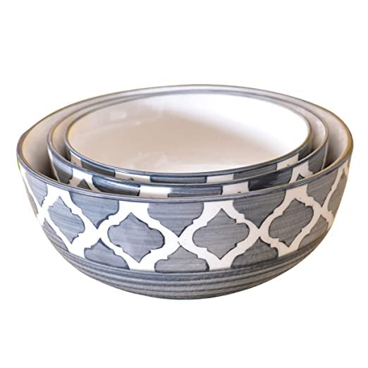 Mendabode™ Ceramic Mixing Bowls – 800 ML, 600 ML and 400 ML, 3 Pieces, 3 Combo (Grey White)