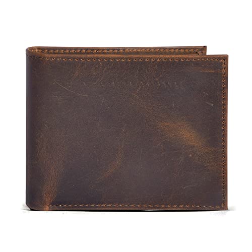 Le'aokuu Mens Genuine Leather Cowhide Bifold Credit Card Case With Flip ID Window Wallet (Brown)