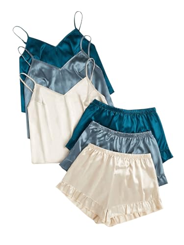GORGLITTER Women's 6 Piece Lounge Set Satin Cami Top Shorts Pajama Sets
