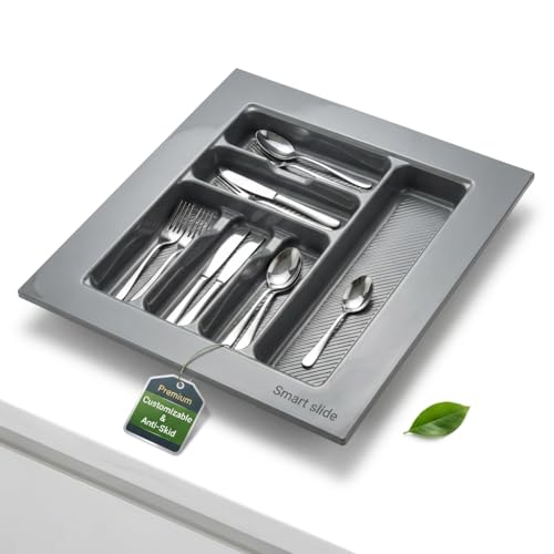 Image of SmartSlide 500MM PVC Cutlery Tray For Kitchen Drawer Modular Kitchen Tandem Drawer Organizer Adjustable Width & Depth Grey Non-Slip Surface (500 x 535 MM)