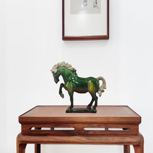Ceramic Horse Sculpture -8 inch Hand Made Tang Tri-Color Cultural Art Piece,Museum Collection Inspired Home and Office Decor (Green)