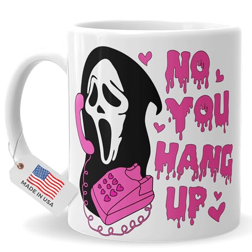 4GIFTSAKE Ghostface Halloween Mug 11oz - 'No You Hang Up' Design | Spooky Scream Horror Coffee Cup for Fans and Collectors | Perfect for Halloween Decor & Coffee Lovers