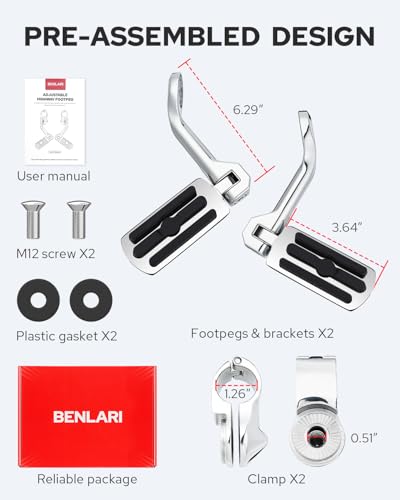 Image of Benlari Motorcycle Adjustable Highway Footpegs Style 2 Chrome Long Angled Fit for Harley Touring Street Glide Softail Dyna Sportster fits 1 inch(25mm) 1-1 /4 inch(32mm) Engine Guard