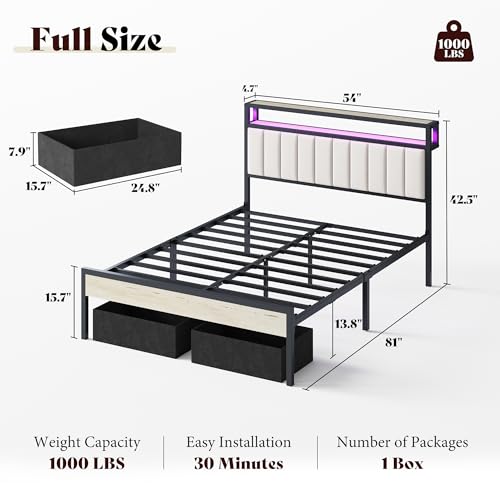 Image of AMERLIFE Full Bed Frame with LED Lights & 2-Tier Storage Headboard | White, 2 Storage Drawers, Metal Platform Frame, Velvet Upholstery, Heavy-Duty Slats, No Box Spring, Easy Assembly