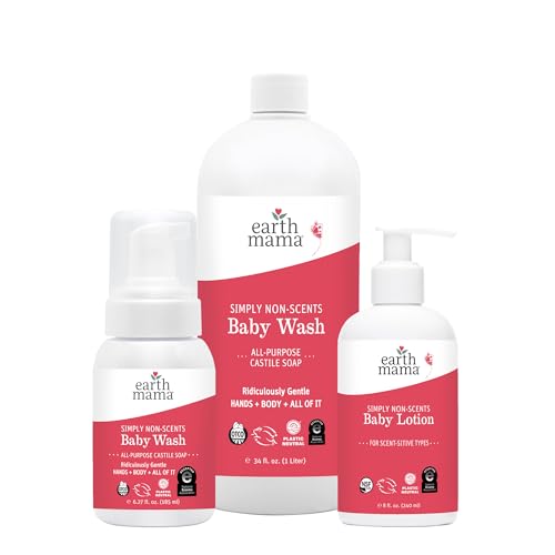 Image of Earth Mama Bathtime Bundle | Simply Non-Scents Castile Baby Wash 5.3-Ounce with 34-Ounce Refill & Moisturizing Calendula Lotion