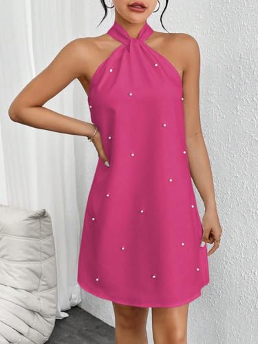 Image of Floerns Women's Pearl Beaded Halter Twist Sleeveless Tie Back Dress A Line Dress