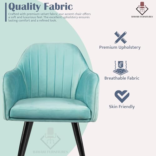 Image of Plush Dining Chair | Accent Chair for Living Room Bedroom Restuarant | Velvet Fabric & Thick Cushion Seat with Sturdy Glossy Metal Legs (Black Legs, Sky Blue)
