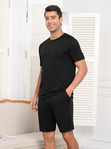 RQP Men's Pajama Set Summer Lightweight Ribbed Lounge Wear Breathable 2 Piece SleepShorts & Tee,Stretch Home Outfits for Men4