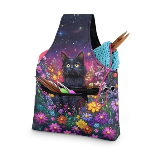 Image of ZUXONGSYBlack Cat Yarn Bags for Knitting Floral Yarn Storage Organizer for Crochet Portable Knitting Project Bag