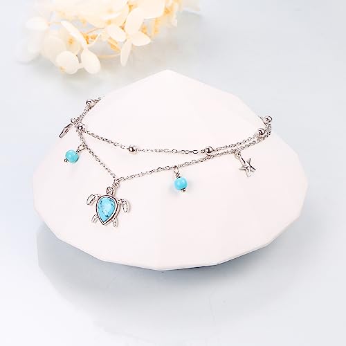Image of Ladytree S925 Sterling Silver Boho Beach Double Layer Anklets Bracelet for Women Adjustable 9 to 11 inches
