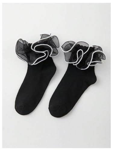 OYOANGLE Women's 1 Pair Pearl Beaded Sheer Ruffle Frilly Crew Socks Soft Comfortable Casual Sock Lolita Socks3
