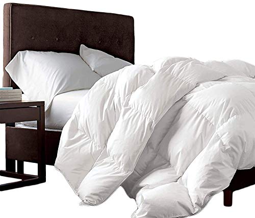 Luxurious Twin/Twin XL Size Goose Down Fiber Waterfowl Feather Fiber Comforter Duvet, 100% Egyptian Cotton Cover, 50 oz. Fill Weight, Baffle Box Design, White Solid