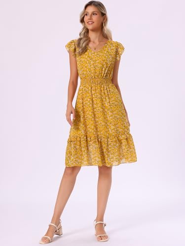 Image of Allegra K Women's Floral Dress Spring Summer V Neck Flutter Sleeve Ruffle Casual Smocked Knee Length Dresses