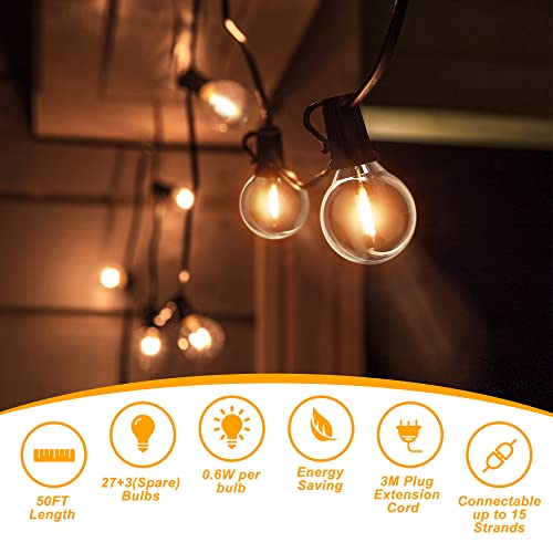 DSLebeen Festoon Lights 50ft LED String Lights Mains Powered with 27+3 Plastic G40 Bulbs 2700K Connectable for Decorative Lighting on Cafe, Wedding, Party - Image 4